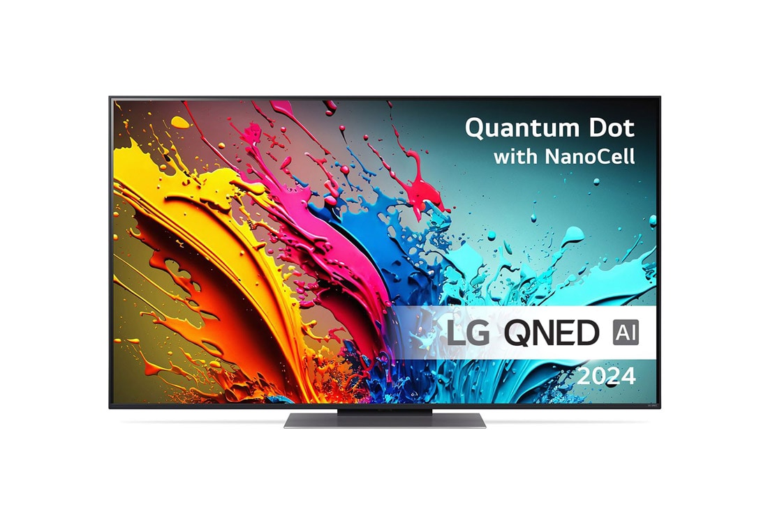 LG 55'' QNED AI 87 - 4K Smart TV (2024), LG QNED TV, QNED87 set forfra med tekst fra LG QNED, Quantum Dot med NanoCell og 2024 på skærmen, 55QNED87T6B