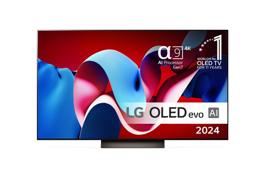 LG 77'' OLED evo AI C4 - 4K TV (2024), Visning forfra af LG OLED evo AI TV, OLED C4, emblemlogo med 11 år som nummer 1 i verden indenfor OLED og logo for webOS Re:New Program på skærmen, OLED77C44LA