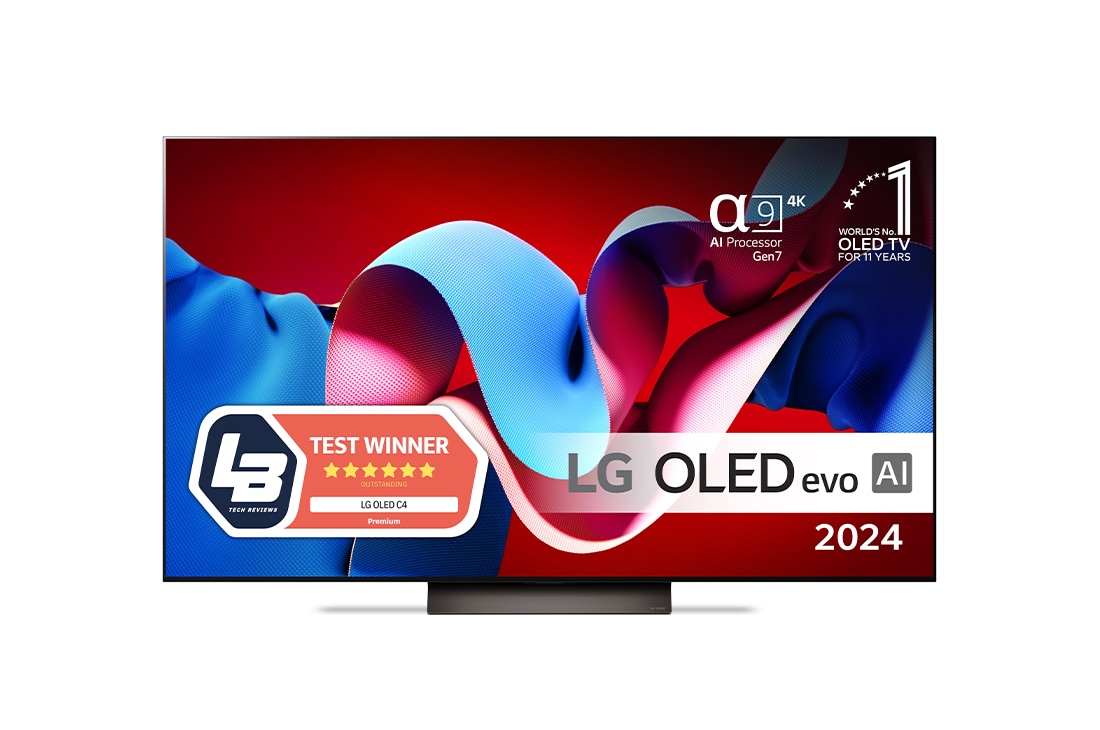 LG 77'' OLED evo AI C4 - 4K TV (2024), Visning forfra af LG OLED evo AI TV, OLED C4, emblemlogo med 11 år som nummer 1 i verden indenfor OLED og logo for webOS Re:New Program på skærmen, OLED77C44LA