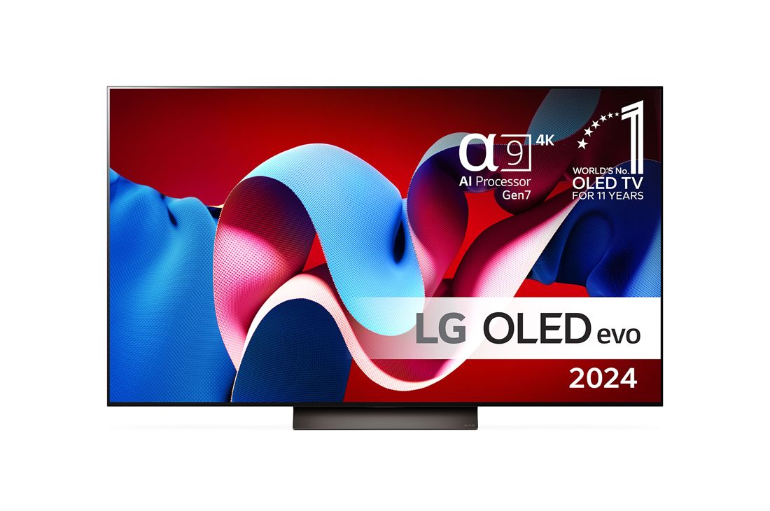 LG 77'' OLED evo C4 - 4K TV (2024), Set forfra med LG OLED TV, OLED B4, 11 Years of world number 1 OLED Emblem og alpha 8 4K AI processor logo., OLED77C44LA