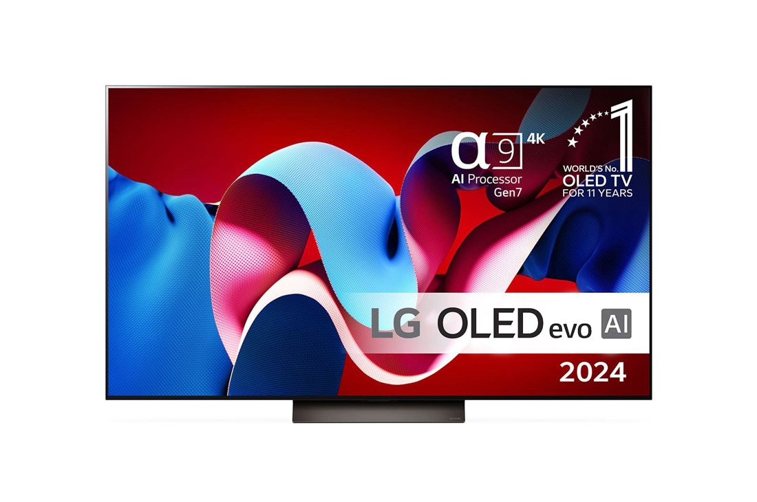 LG 65'' OLED evo AI C4 - 4K TV (2024), Visning forfra af LG OLED evo AI TV, OLED C4, emblemlogo med 11 år som nummer 1 i verden indenfor OLED og logo for webOS Re:New Program på skærmen, OLED65C44LA