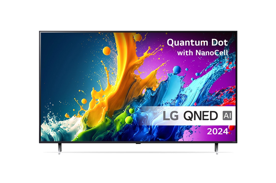 LG 86'' QNED AI 80 - 4K Smart TV (2024), LG NanoCell TV, NANO80 set forfra med tekst fra LG NanoCell, 2024, webOS Re:New Program-logo og Magic Remote på skærmen, 86QNED80T6A