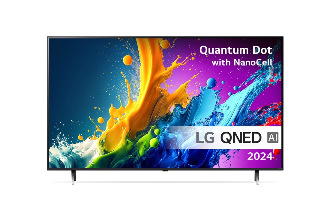 LG 65'' QNED AI 80 - 4K Smart TV (2024), LG NanoCell TV, NANO80 set forfra med tekst fra LG NanoCell, 2024, webOS Re:New Program-logo og Magic Remote på skærmen, 65QNED80T6A