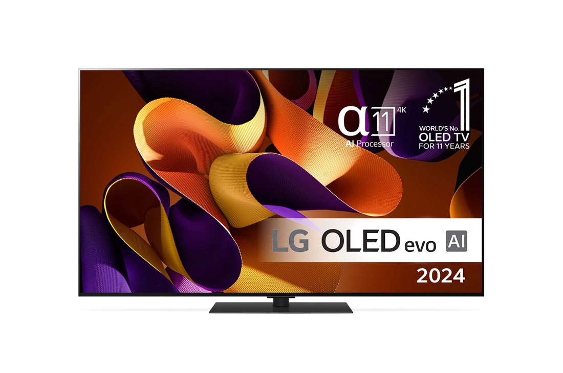 LG 65'' OLED evo AI G4 - 4K TV (2024), Visning forfra af LG OLED evo AI TV, OLED G4, emblem med 11 år som nummer 1 i verden indenfor OLED, logo for webOS Re:New Program og logo for 5 års panelgaranti på skærmen, OLED65G46LS