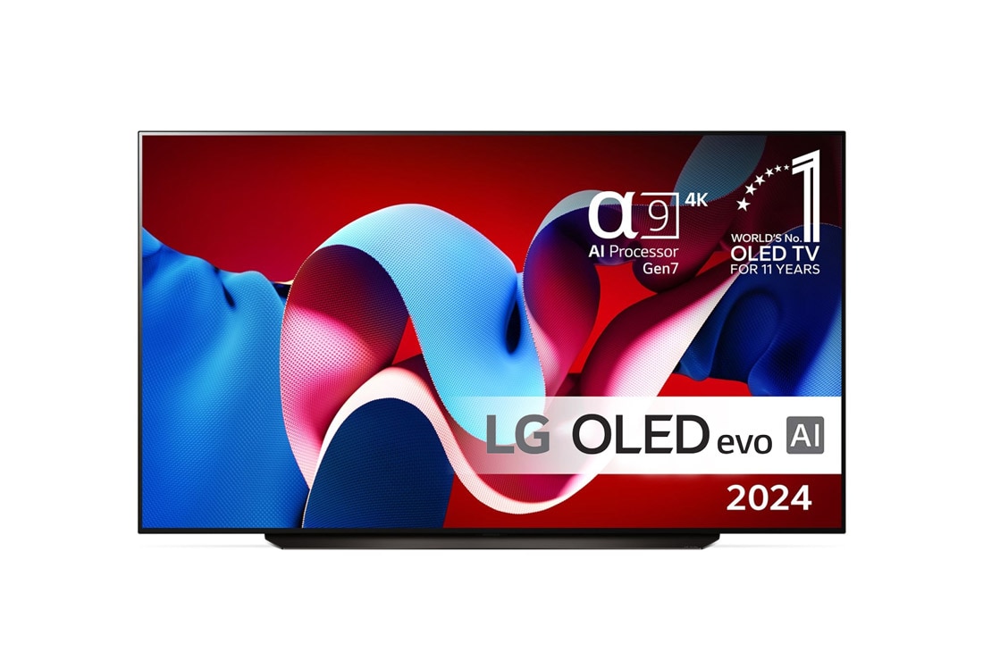 LG 83'' OLED evo AI C4 - 4K TV (2024), Visning forfra af LG OLED evo AI TV, OLED C4, OLED-emblem med 11 år som nummer 1 i verden og logo for webOS Re:New Program på skærmen, OLED83C44LA