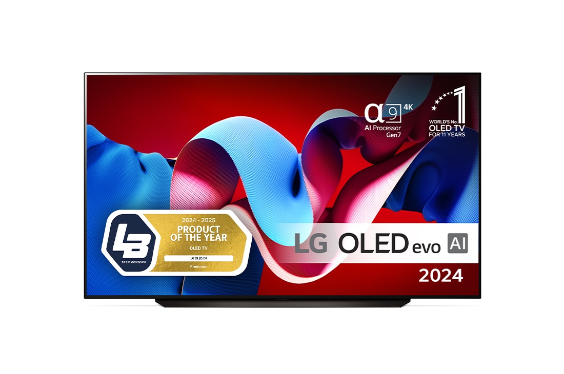 LG 83'' OLED evo AI C4 - 4K TV (2024), Visning forfra af LG OLED evo AI TV, OLED C4, OLED-emblem med 11 år som nummer 1 i verden og logo for webOS Re:New Program på skærmen, OLED83C44LA