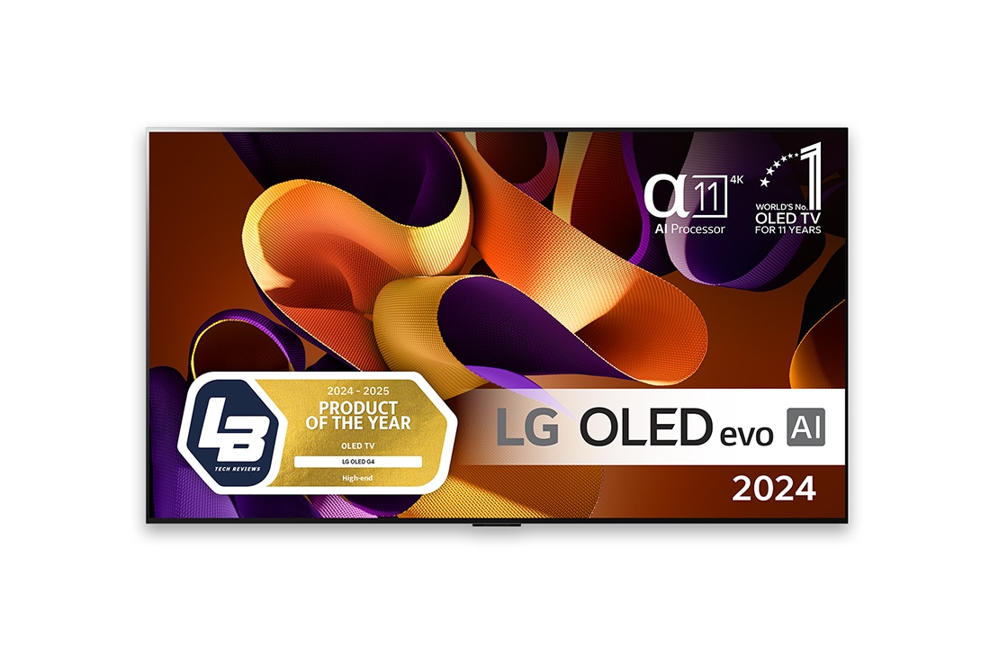 LG 55'' OLED evo AI G4 - 4K TV (2024), Visning forfra af LG OLED evo AI TV, OLED G4, emblem med 11 år som nummer 1 i verden indenfor OLED, logo for webOS Re:New Program og logo for 5 års panelgaranti på skærmen, OLED55G45LW