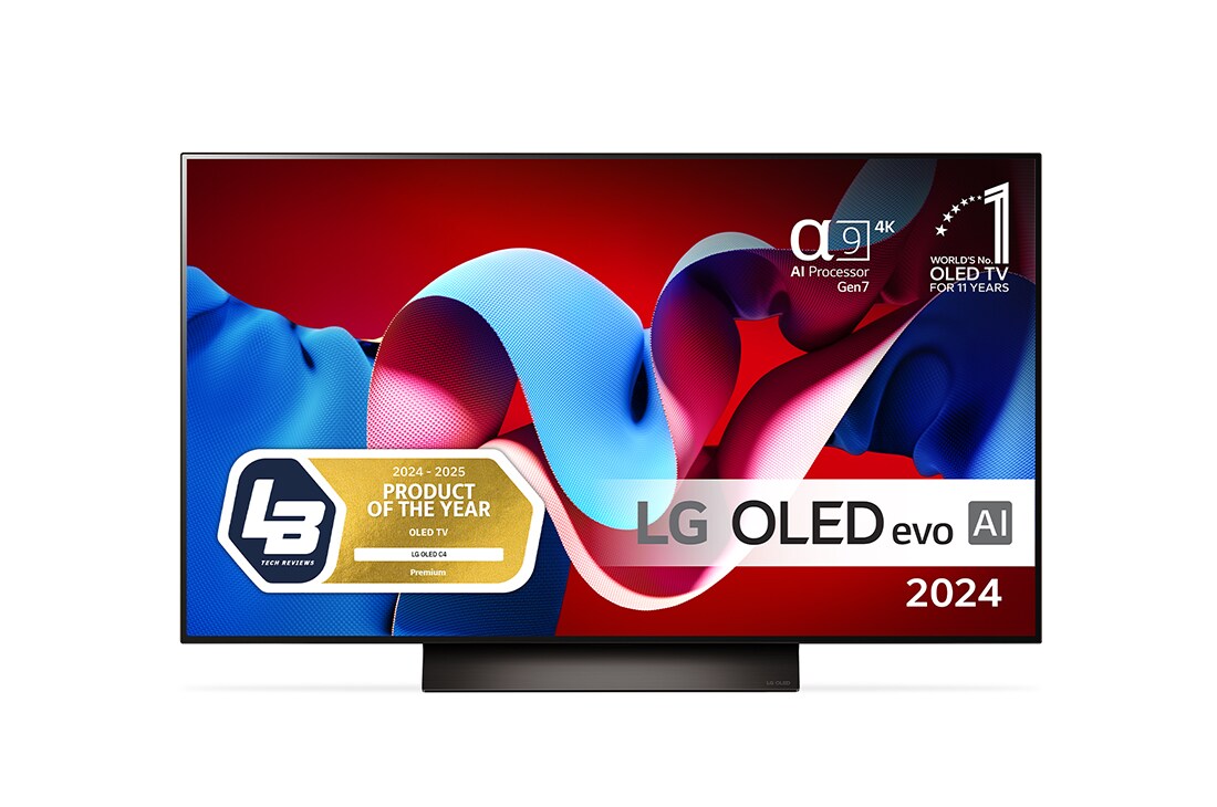 LG 48'' OLED evo AI C4 - 4K TV (2024), Visning forfra af LG OLED evo AI TV, OLED C4, OLED-emblem med 11 år som nummer 1 i verden og logo for webOS Re:New Program på skærmen, OLED48C44LA