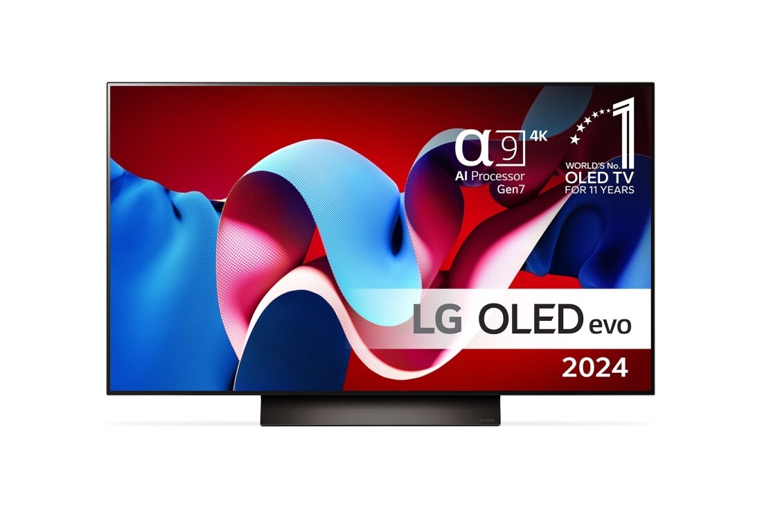 LG 48'' OLED evo C4 - 4K TV (2024), Set forfra med LG OLED evo TV, OLED C4, 11 Years of world number 1 OLED Emblem og alpha 9 4K AI processor Gen7 logo., OLED48C44LA