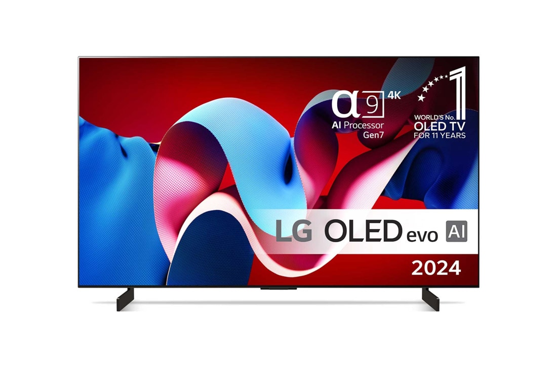 LG 42'' OLED evo AI C4 - 4K TV (2024), Visning forfra af LG OLED evo AI TV, OLED C4, OLED-emblem med 11 år som nummer 1 i verden og logo for webOS Re:New Program på skærmen, OLED42C44LA