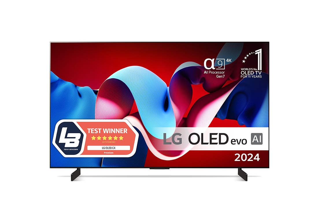 LG 42'' OLED evo AI C4 - 4K TV (2024), Visning forfra af LG OLED evo AI TV, OLED C4, OLED-emblem med 11 år som nummer 1 i verden og logo for webOS Re:New Program på skærmen, OLED42C44LA