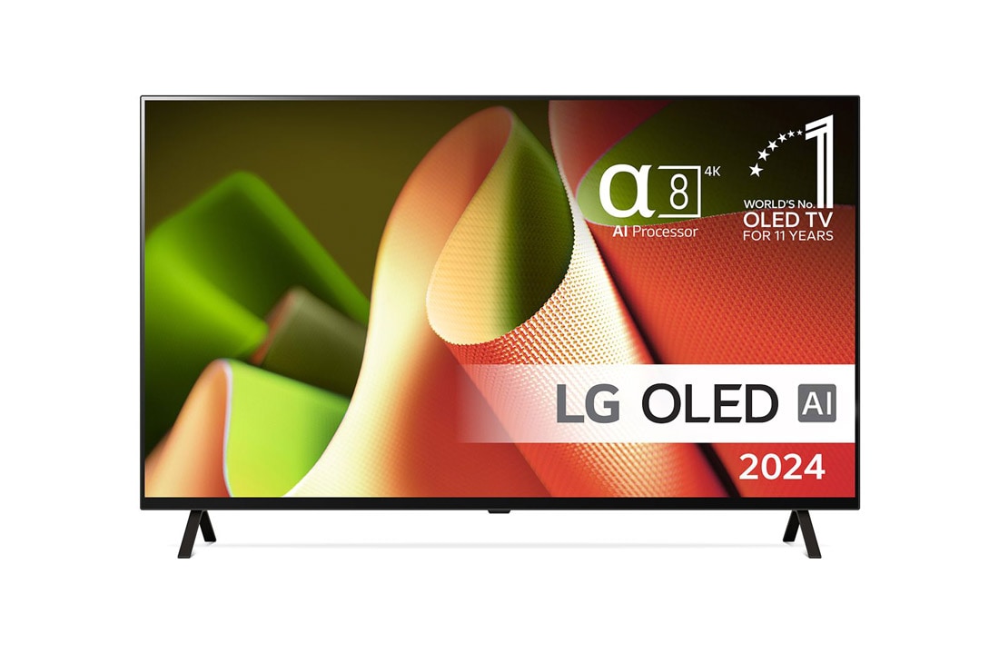 LG 55'' OLED AI B4 - 4K TV (2024), Visning forfra af LG OLED TV, OLED AI B4, emblem med 11 år som nummer 1 i verden indenfor OLED og logo for webOS Re:New Program på skærmen på et tobenet stativ, OLED55B46LA