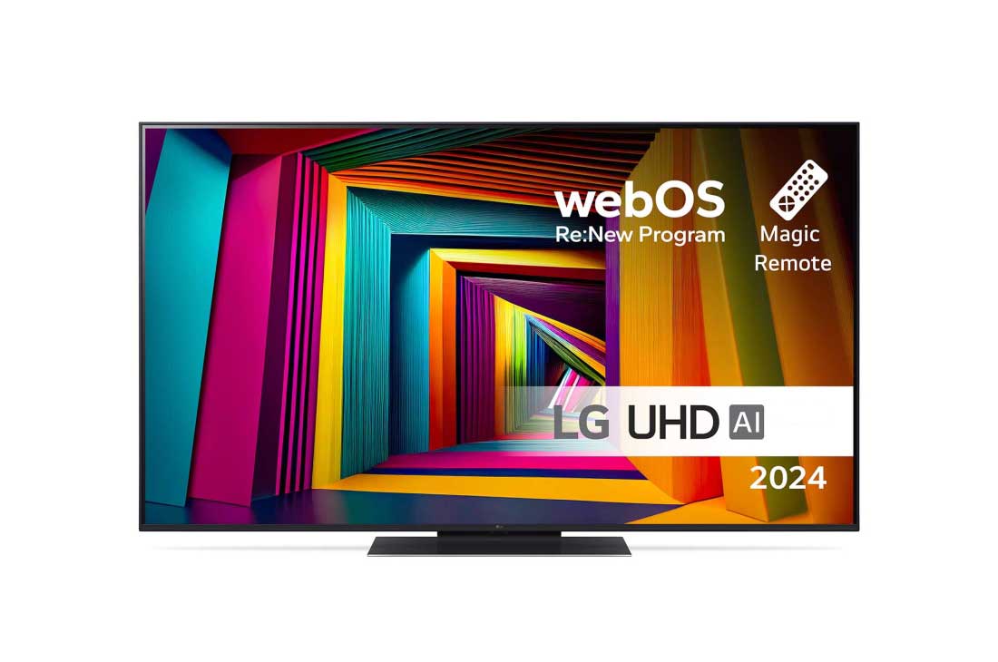 LG 55'' UHD AI UT91 - 4K TV (2024), Visning forfra af LG UHD TV, UT91 med teksten LG UHD AI ThinQ, 2024 og logoet for webOS Re:New Program på skærmen, 55UT91006LA