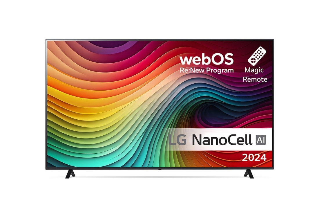 LG 43'' NANO 81 - NanoCell AI 4K Smart TV (2024), LG NanoCell TV, NANO81 set forfra med tekst fra LG NanoCell, 2024, webOS Re:New Program-logo og Magic Remote på skærmen, 43NANO81T6A