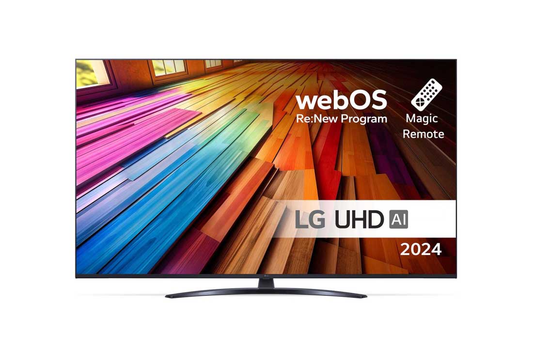 LG 65 tommer LG UHD AI UT81 4K Smart TV 2024, Visning forfra af LG UHD TV, UT81 med teksten LG UHD AI ThinQ, 2024 og logoet for webOS Re:New Program på skærmen, 65UT81006LA