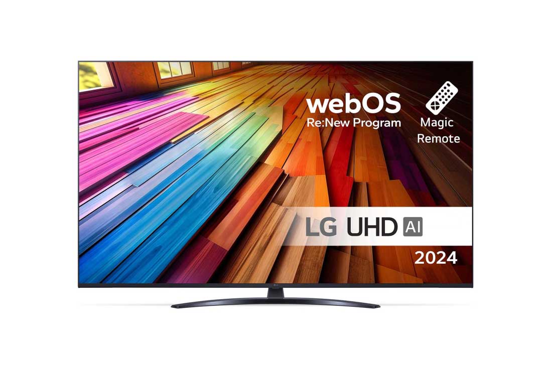 LG 50 tommer LG UHD AI UT81 4K Smart TV 2024, Visning forfra af LG UHD TV, UT81 med teksten LG UHD AI ThinQ, 2024 og logoet for webOS Re:New Program på skærmen, 50UT81006LA