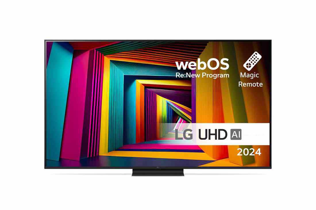 LG 75'' UHD AI UT91 - 4K TV (2024), Visning forfra af LG UHD TV, UT91 med teksten LG UHD AI ThinQ, 2024 og logoet for webOS Re:New Program på skærmen, 75UT91006LA