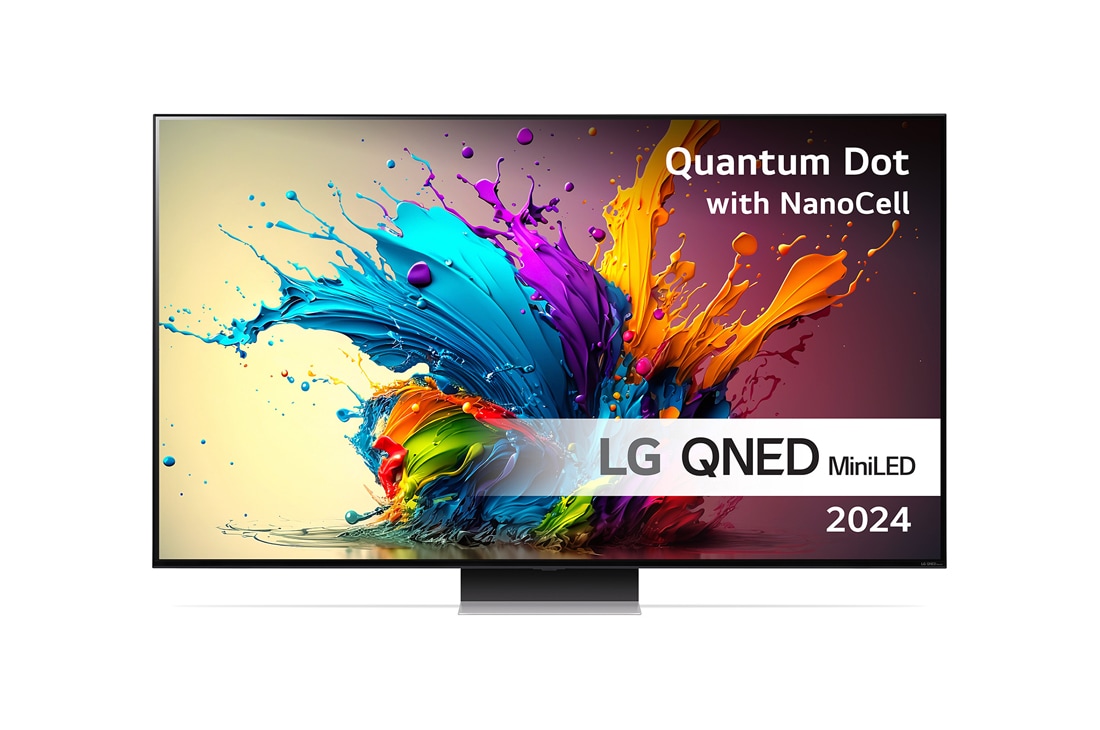 LG 65'' QNED 91 - QNED Mini LED 4K Smart TV (2024), LG QNED MiniLED TV, QNED90 set forfra med tekst fra LG QNED, Quantum Dot med NanoCell og 2024 på skærmen, 65QNED91T6A