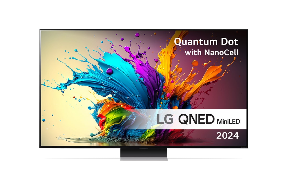 LG 75'' QNED 91 - QNED Mini LED 4K Smart TV (2024), LG QNED MiniLED TV, QNED90 set forfra med tekst fra LG QNED, Quantum Dot med NanoCell og 2024 på skærmen, 75QNED91T6A