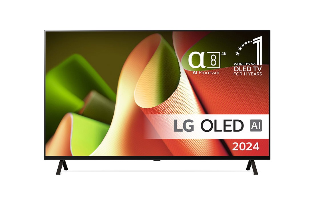 LG 48'' OLED AI B4 - 4K TV (2024), Visning forfra af LG OLED TV, OLED AI B4, emblem med 11 år som nummer 1 i verden indenfor OLED og logo for webOS Re:New Program på skærmen på et tobenet stativ, OLED48B46LA