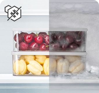 Comparaison des contenants de fruits surgelés sans et avec givre.