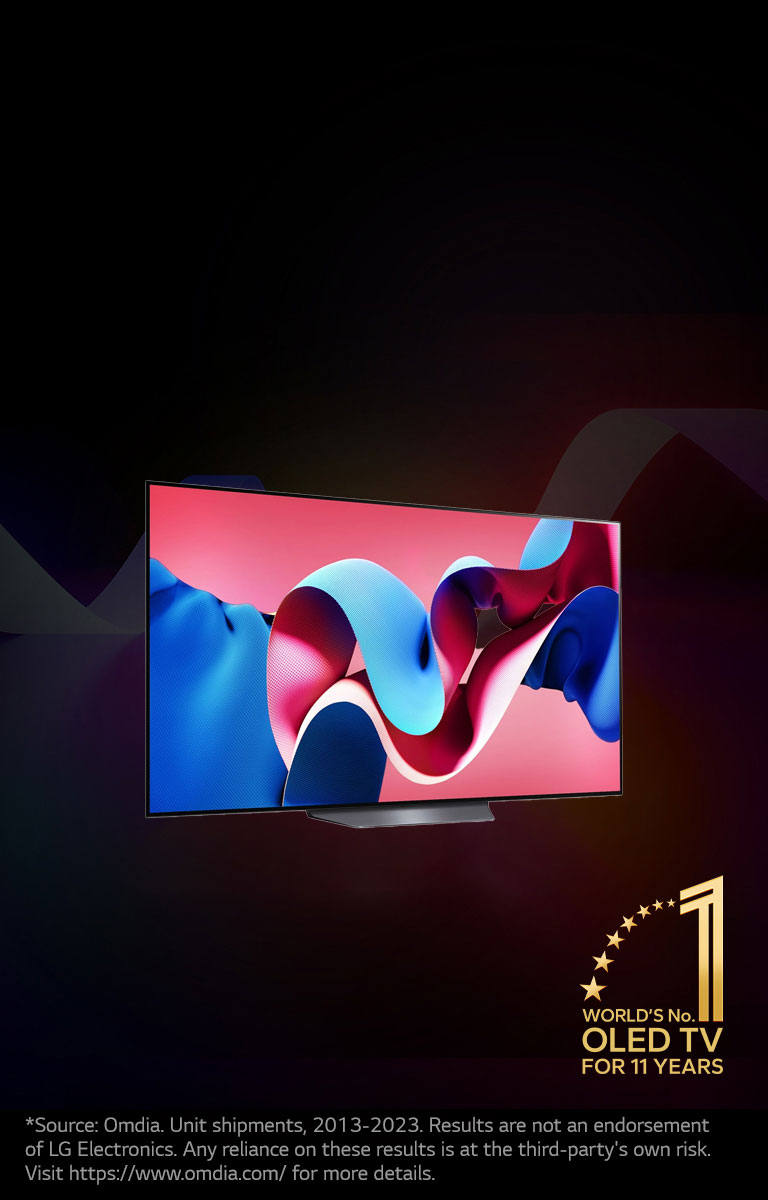 LG OLED evo TV C4, evo G4, et B4 en ligne sur un fond noir avec de subtils tourbillons de couleurs. L’emblème « TV OLED numéro 1 au monde depuis 11 ans » figure sur l’image.  Un avis de non-responsabilité est affiché : "Source : Omdia. Expéditions d’unités, 2013 à 2023. Les résultats ne constituent pas une approbation de LG Electronics. La confiance accordée à ces résultats se fait aux risques et périls du tiers. Visitez https://www.omdia.com/ pour plus de détails".