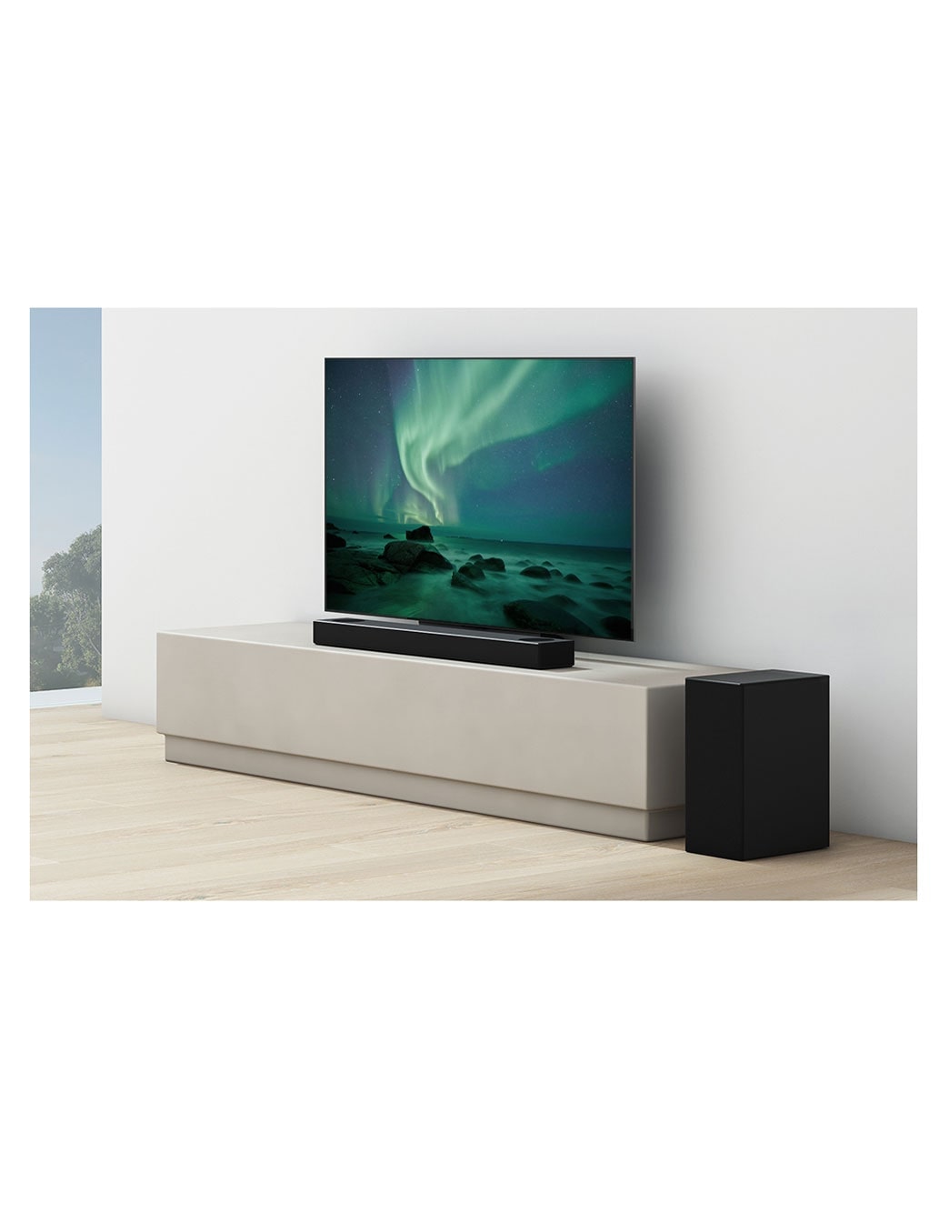 LG Barre de son 3.1.2 | 380W | Dolby Atmos | DTS:X | eARC | Hi-Res Audio, Une barre de son et un téléviseur sont posés sur une étagère beige, haut-parleur arrière placé juste à côté, S75Q