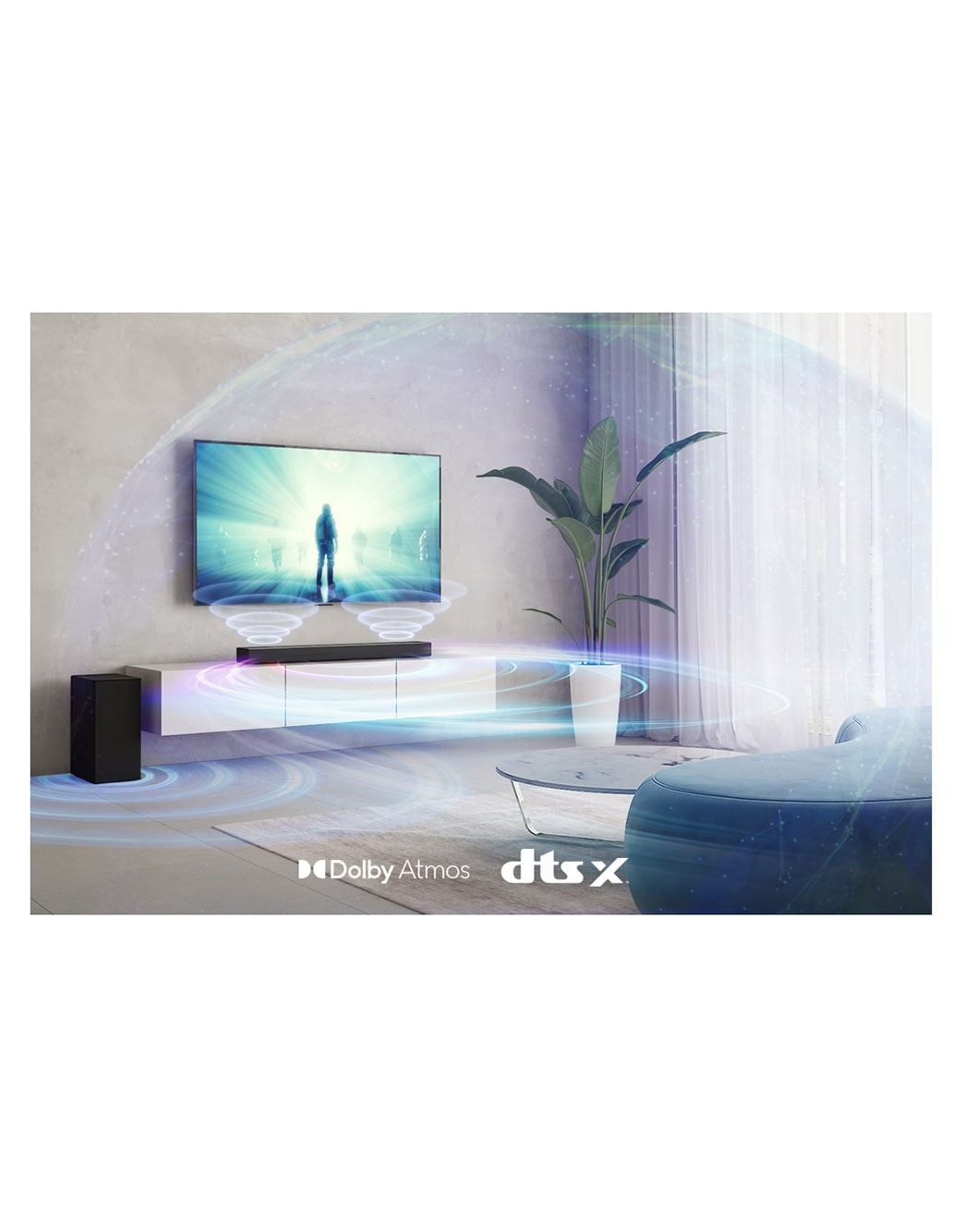 LG Barre de son 3.1.2 | 380W | Dolby Atmos | DTS:X | eARC | Hi-Res Audio, Image de style de vie avec des ondes sonores sortant des haut-parleurs, S75Q