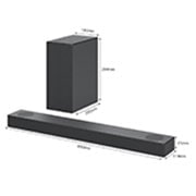 LG Barre de son 3.1.2 | 380W | Dolby Atmos | DTS:X | eARC | Hi-Res Audio, Vue en diagonale de la barre de son et du haut-parleur arrière avec dimensions , S75Q, thumbnail 13