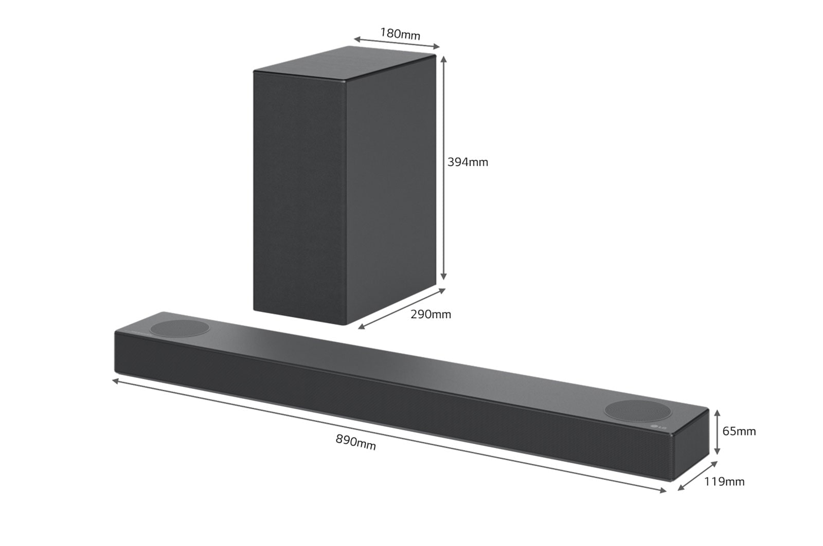 LG Barre de son 3.1.2 | 380W | Dolby Atmos | DTS:X | eARC | Hi-Res Audio, Vue en diagonale de la barre de son et du haut-parleur arrière avec dimensions , S75Q