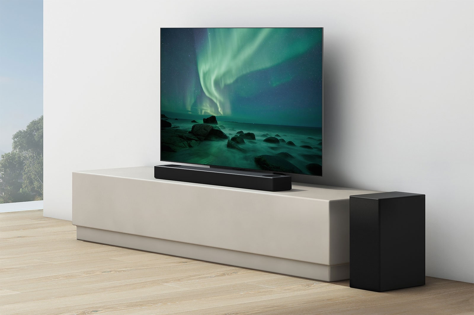 LG Barre de son 3.1.2 | 380W | Dolby Atmos | DTS:X | eARC | Hi-Res Audio, Une barre de son et un téléviseur sont posés sur une étagère beige, haut-parleur arrière placé juste à côté, S75Q