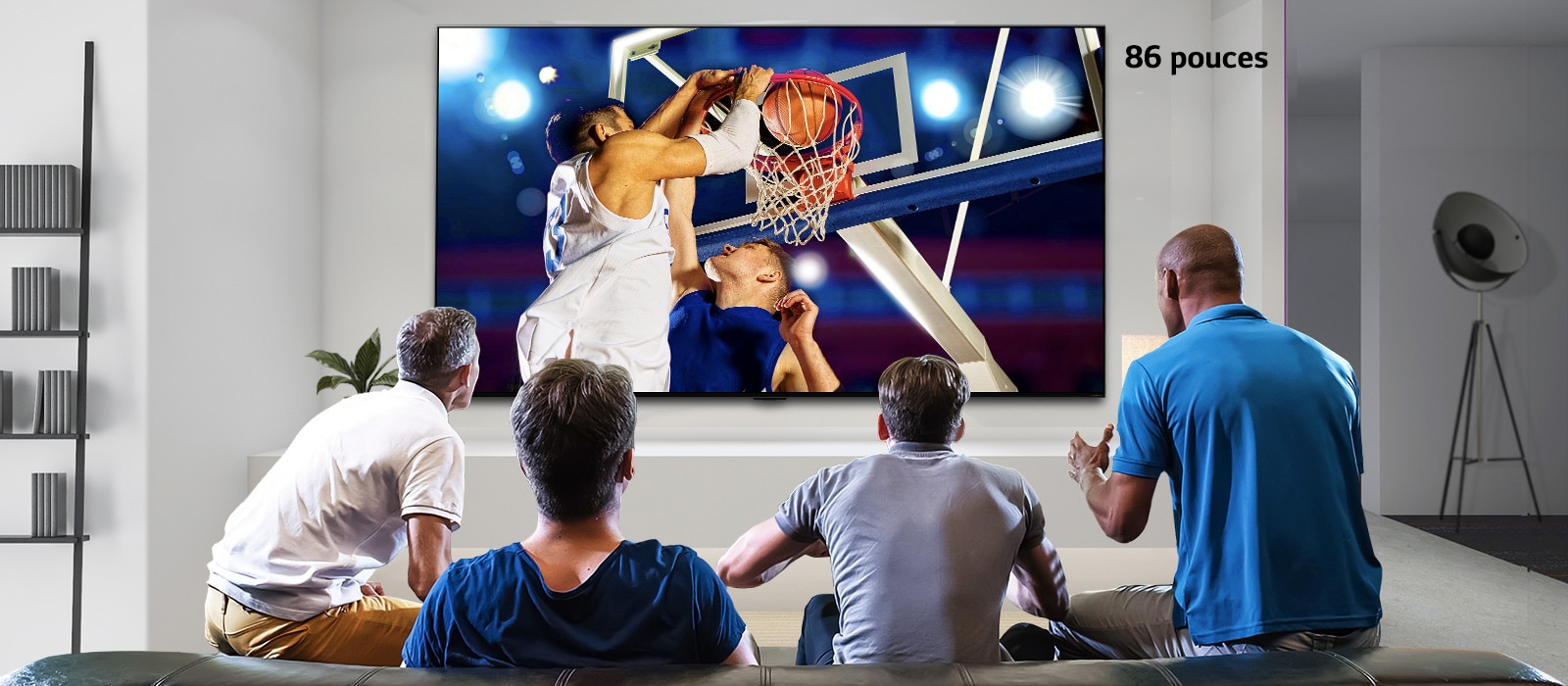 Rear view of a wall mounted TV showing a basketball game with four men watching. Scrolling left-right shows the difference in size between a 43-inch and 86-inch screen.