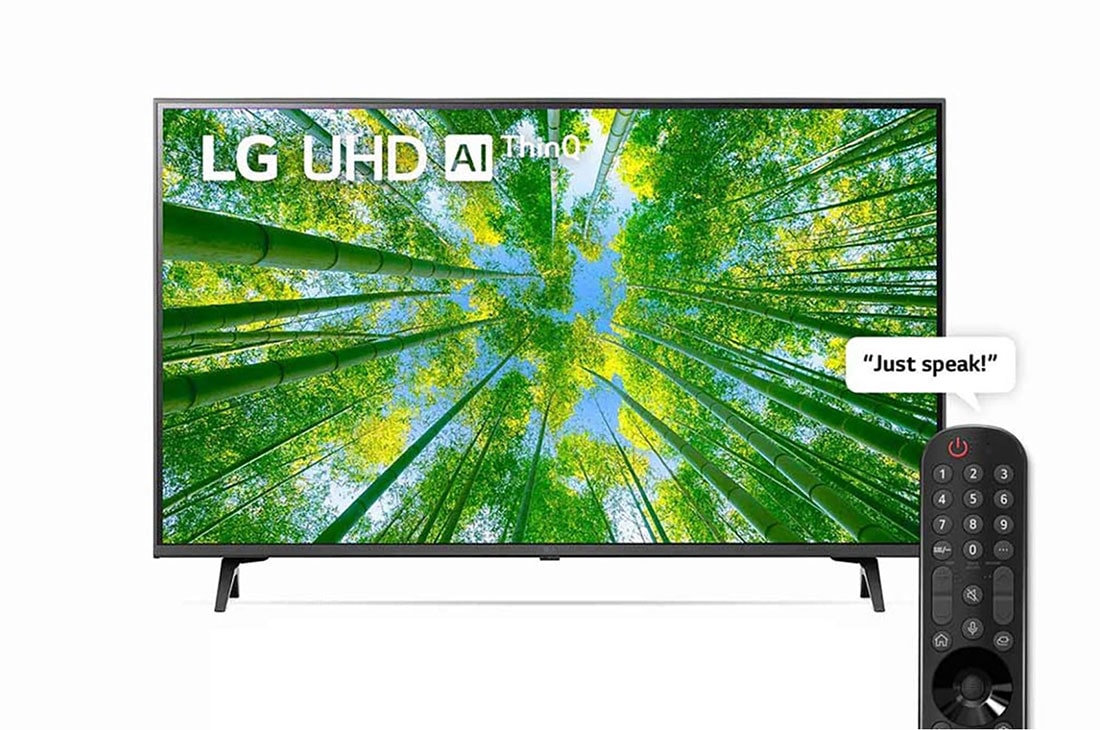 LG TÉLÉVISEUR UHD 4K, Vue avant du téléviseur UHD de LG avec image de remplissage et logo du produit, 55UQ80006LD