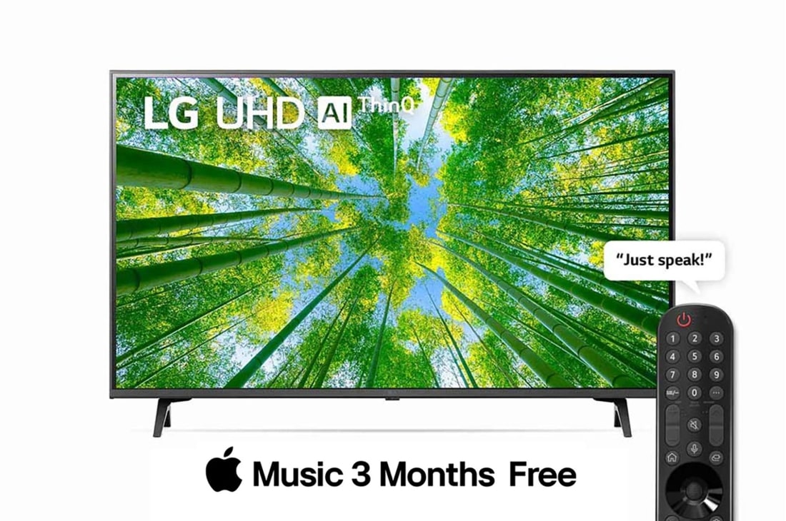 LG UHD Smart TV Resolution 4K 50 pouces, Vue avant du téléviseur UHD de LG avec image de remplissage et logo du produit, 50UQ80006LD