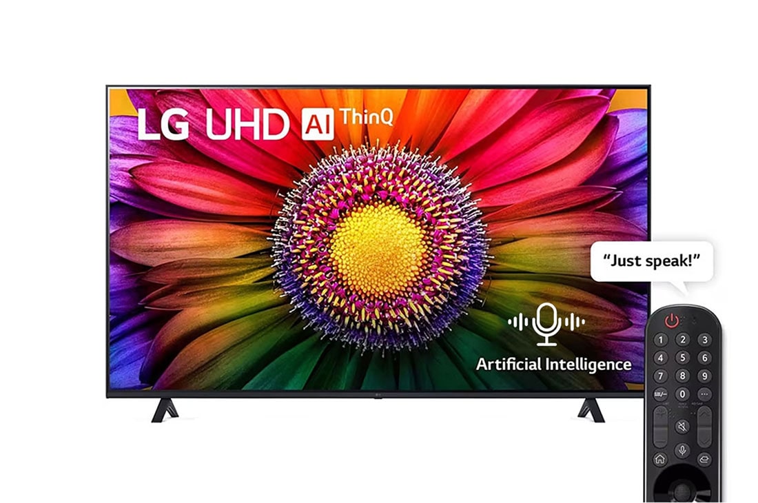 LG UHD 4K TV | 75 pouces | UR80 series | webOS Smart AI ThinQ | Télécommande magique | 3 side cinema | HDR10 | HLG| AI Sound Pro (5.1.2ch) | 2 Pole stand |  2023 , Vue avant du téléviseur UHD de LG, 75UR80006LJ