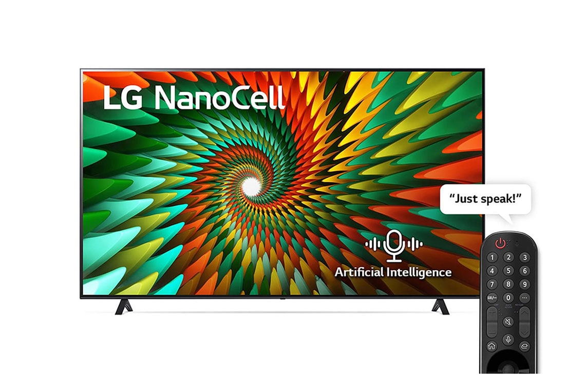 LG NanoCell TV | NANO077R series | 65 pouces | Télécommande magique  | HDR 10 | HLG | webOS Smart AI ThinQ | 3 side cinema | AI Sound Pro (5.1.2ch) | 2 Pole stand | 2023, Vue avant du téléviseur NanoCell de LG, 65NANO776RA