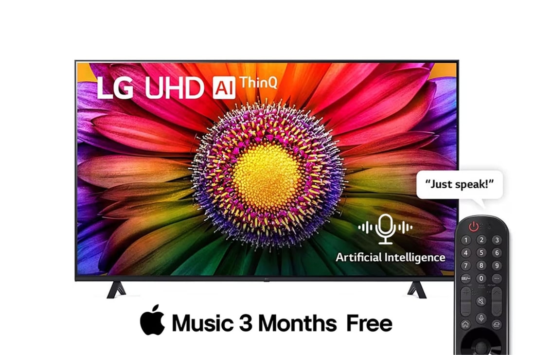 LG, UHD 4K TV, 55 inch UR80 series, WebOS Smart AI ThinQ, Magic Remote, 3 side cinema, HDR10, HLG, AI Sound Pro (5.1.2ch), 2 Pole stand, 2023 New, Vue avant du téléviseur UHD de LG, 55UR80006LJ