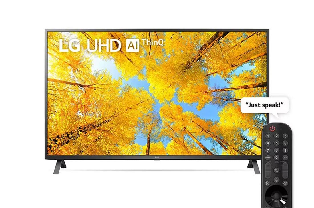 LG UHD UQ75 TV | 43 pouces | 4 K Processeur IA a5 Gen5 | ThinQ AI | Télécommande magique | HDR | webOS, Vue avant du téléviseur UHD de LG avec image de remplissage et logo du produit, 43UQ75006LG