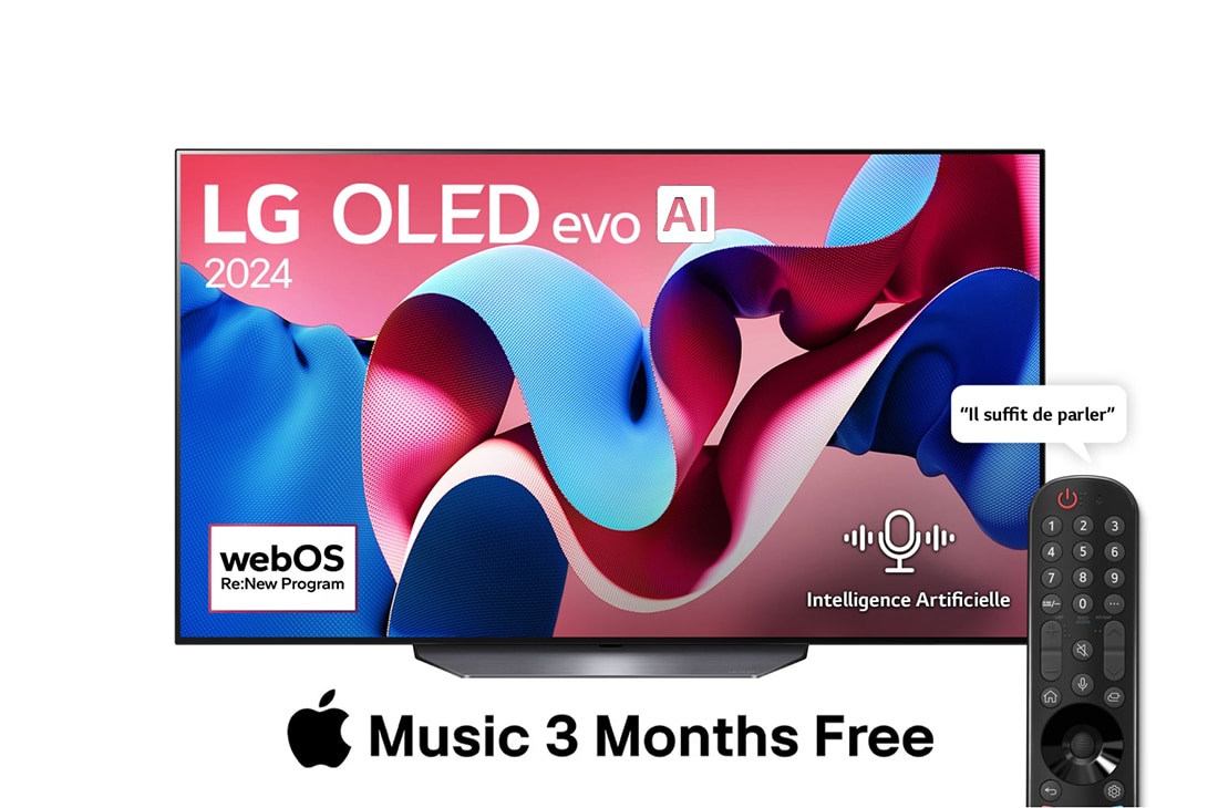 LG OLED Smart TV EVO CS4 4K | 55 pouces | Télécommande magique | AI Dolby Vision | WebOS24 | 2024, Vue avant avec LG OLED evo AI TV, OLED CS4, emblème TV OLED N° 1 mondial depuis 11 ans et logo du programme webOS Re:New à l’écran, OLED55CS4VA