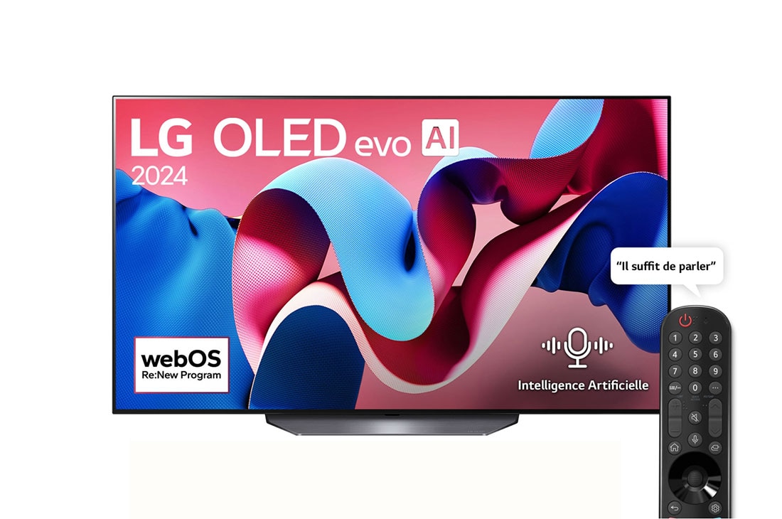 LG OLED Smart TV EVO CS4 4K | 55 pouces | Télécommande magique | AI Dolby Vision | webOS24 | 2024, Vue avant avec LG OLED evo AI TV, OLED CS4, emblème TV OLED N° 1 mondial depuis 11 ans et logo du programme webOS Re:New à l’écran, OLED55CS4VA