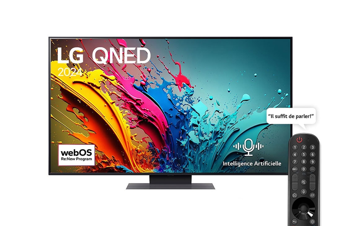 LG QNED Smart TV AI QNED86 4K | 55 pouces | Télécommande magique  |HDR10 | WebOS24 | 2024  , Vue avant d’un téléviseur LG QNED AI, QNED85 avec le texte LG QNED, 2024 et le logo webOS Re:New Program à l’écran, 55QNED86T6A