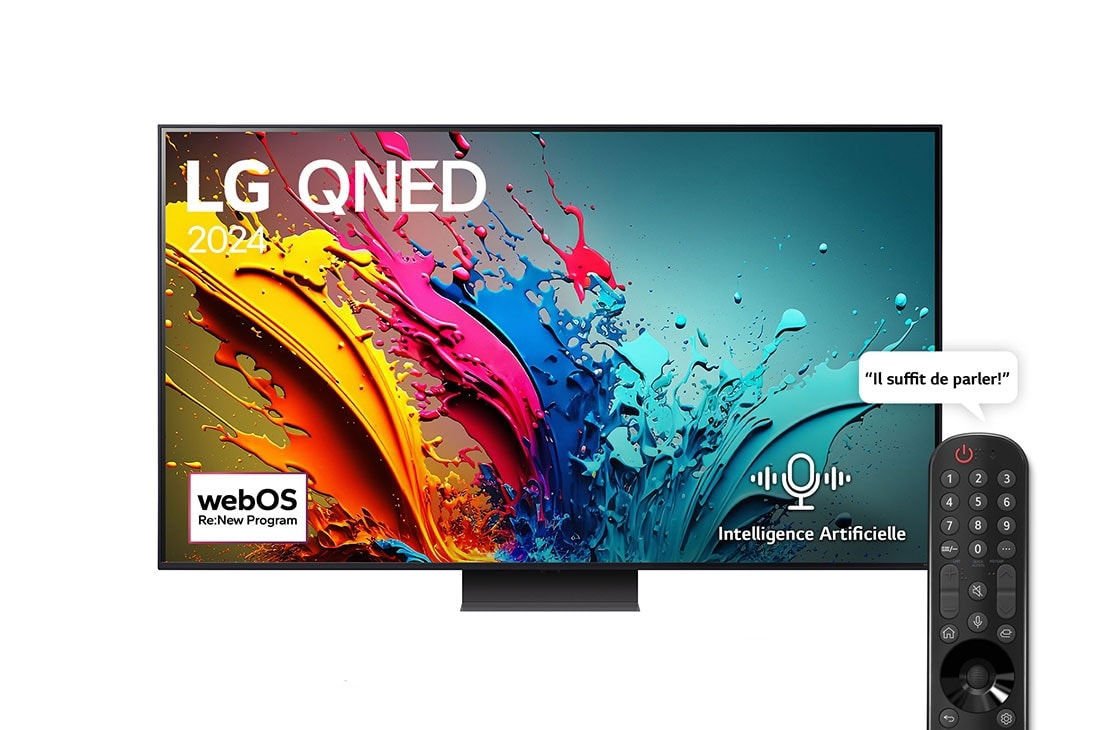 LG QNED Smart TV AI QNED86 4K | 65 pouces | Télécommande magique |HDR10 | webOS24 | 2024, Vue avant d’un téléviseur LG QNED AI, QNED85 avec le texte LG QNED, 2024 et le logo webOS Re:New Program à l’écran, 65QNED86T6A