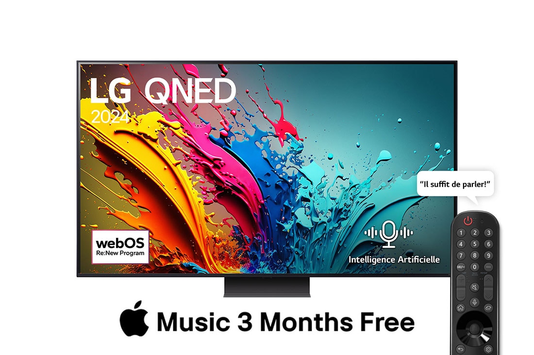 LG QNED Smart TV AI QNED86 4K | 65 pouces | Télécommande magique |HDR10 | WebOS24 | 2024, Vue avant d’un téléviseur LG QNED AI, QNED85 avec le texte LG QNED, 2024 et le logo webOS Re:New Program à l’écran, 65QNED86T6A