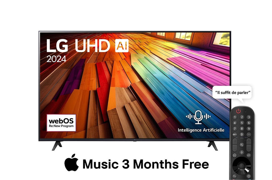 LG Smart TV  LG UHD AI UT80 4K, 55 pouces, Télécommande Magique IA HDR10 webOS24 2024, Vue avant d’un téléviseur LG UHD AI, UT80 avec le texte LG UHD AI ThinQ, 2024 et le logo webOS Re:New Program à l’écran, 55UT80006LA