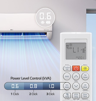 An air conditioner that allows setting the power in three steps via the remote control.