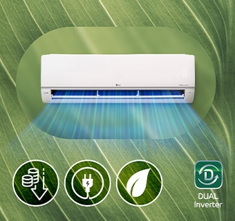 An air conditioner and 3 energy saving icons (coins, plugs, leaves) on an abstract background reminiscent of a leaf.