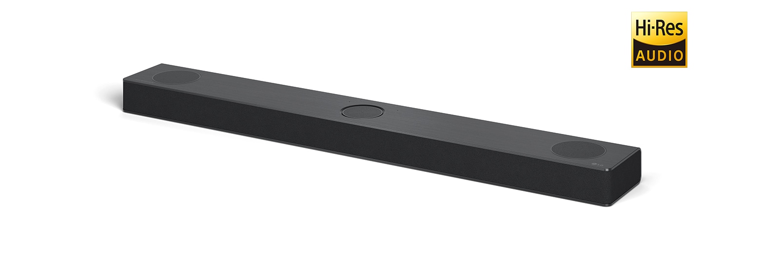 Full image of LG Sound bar with LG logo on the bottom right corner of a product. Hi-Res AUDIO logo is shown on the right or image.