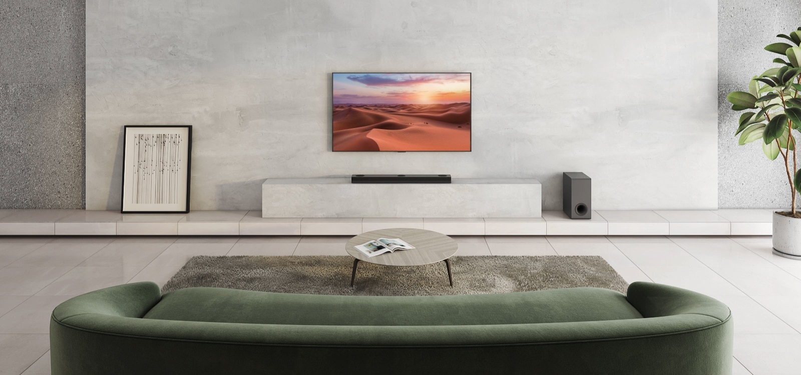 There is TV showing a nature image. A sound bar, a subwoofer, and 2 rear speakers in a wide living room. A wave with grid is coming out from sound bar, measuring the entire space of living room. 