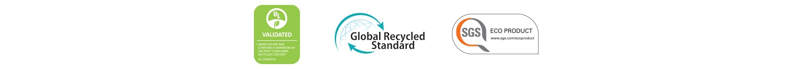 From left UL VALIDATED (logo), Global Recycled Standard (logo), SGS ECO PRODUCT (logo) are shown.