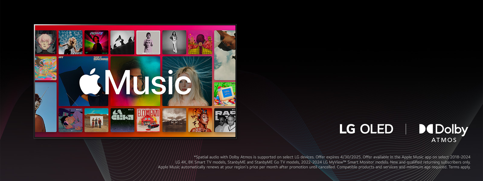 A grid layout of albums with the Apple Music logo overlayed, with LG OLED and Dolby Atmos Logo below.	